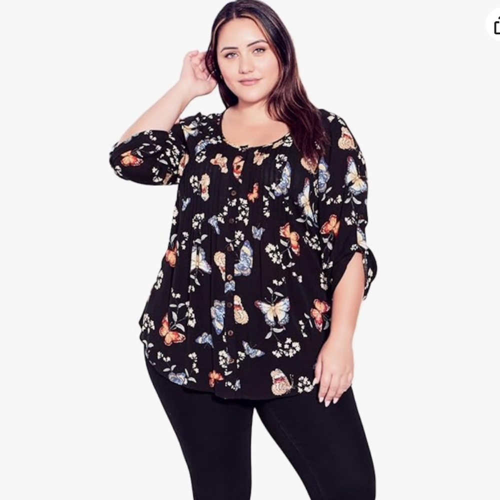 NWT Evans Womenʻs Plus Size Pintuck Black Butterfly Print Blouse Size 30/32